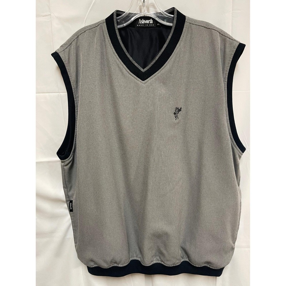 Ashworth Mens XL Golf Vest Grey Black Micro Houndstooth V-Neck Weather Resistant